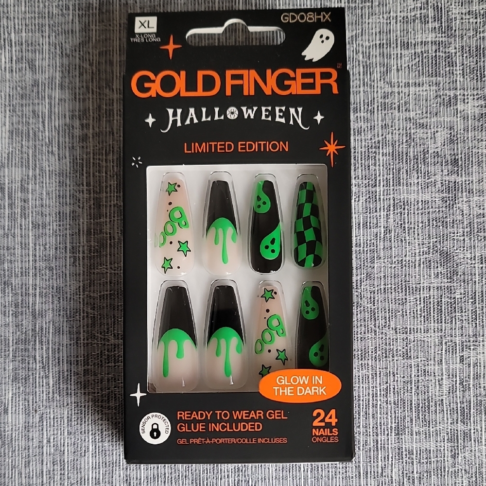 Goldfinger By KISS Glue On Halloween Nails XL Length Black Green New